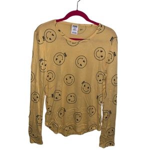 Pink Victoria's Secret large long sleeve sleep shirt yellow w smiley graphic